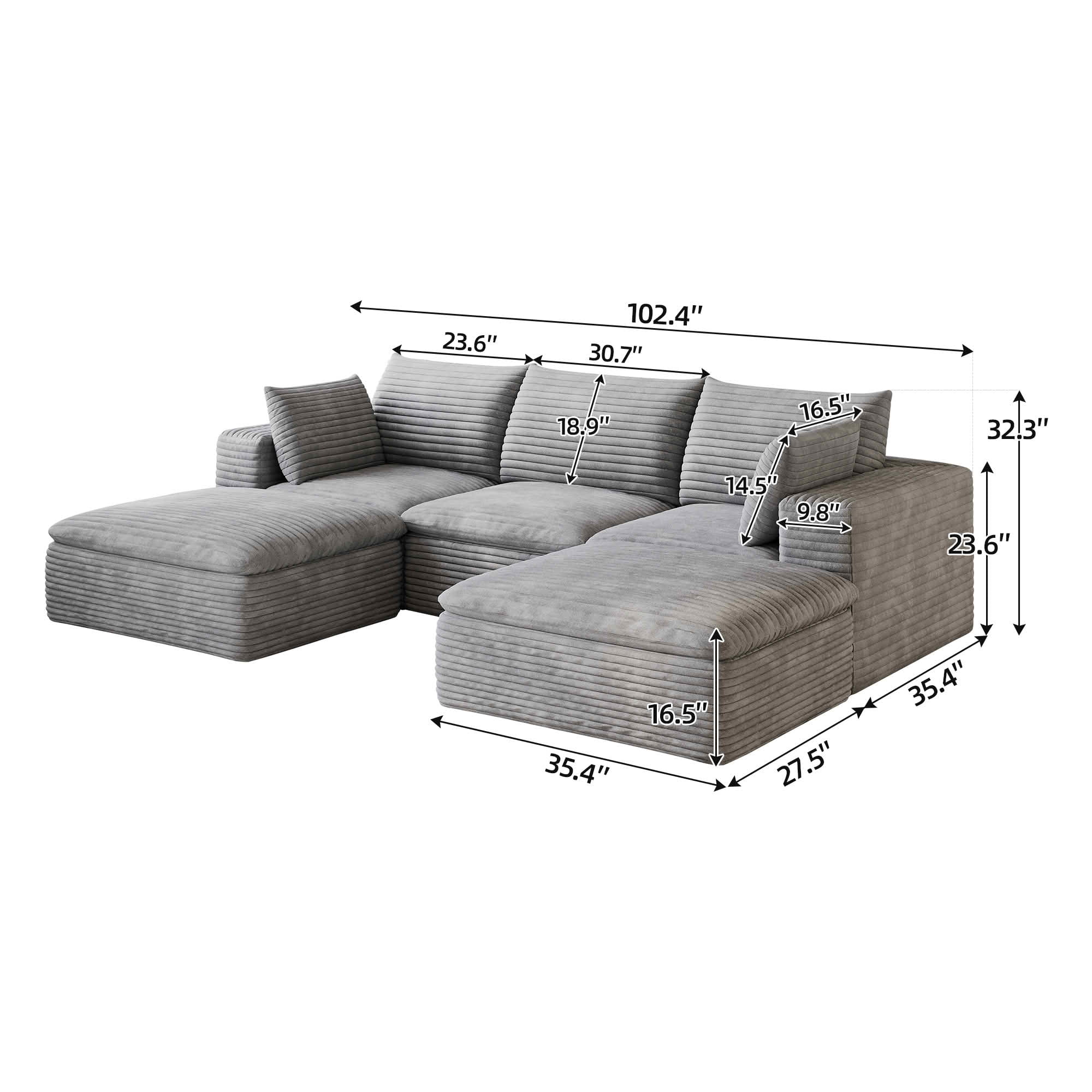 MAYEERTY 102.4 Inch Cloud Modular Sofa, Corduroy Deep Seat Couch with Double‑Layer Removable Cushions, No‑Assembly DIY Combination Sponge Sofa for Living Room Bedroom Conference Room Apartment