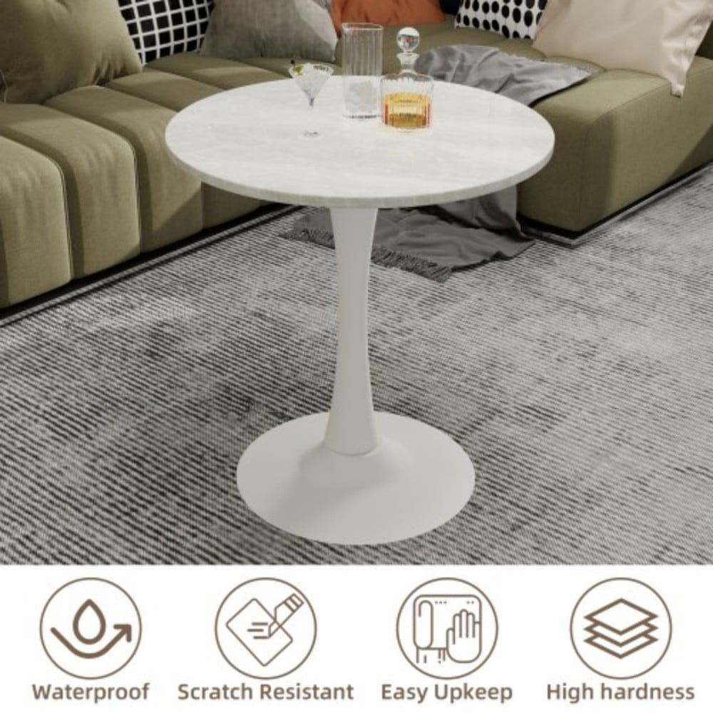 27.6" Round Coffee Table, White Veined Marble-Look Top with White Pedestal Base, Mid-Century Modern Dining Table for 2-4, Living Room