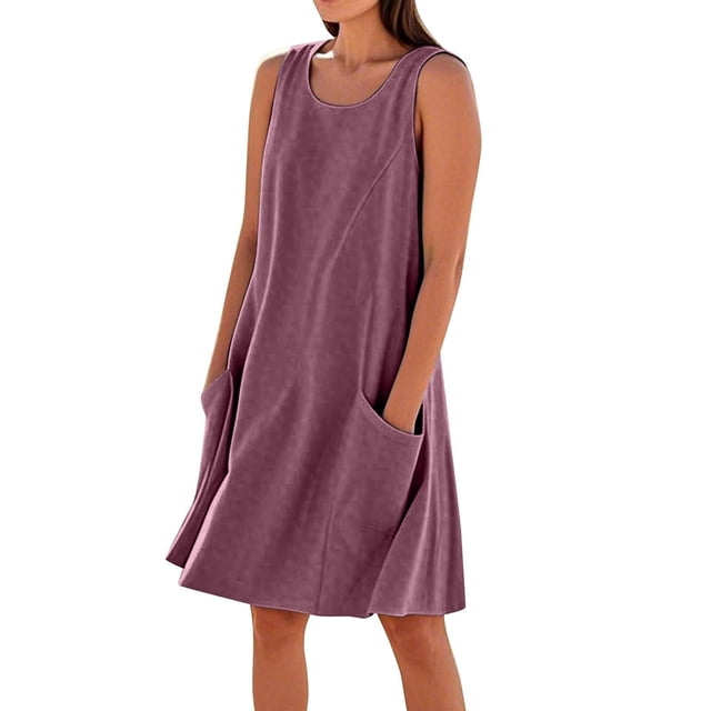 Vestido de verano para mujer hasta la rodilla, sin mangas, de color liso, con bolsillos, mezcla de lino, para llevar en la playa.