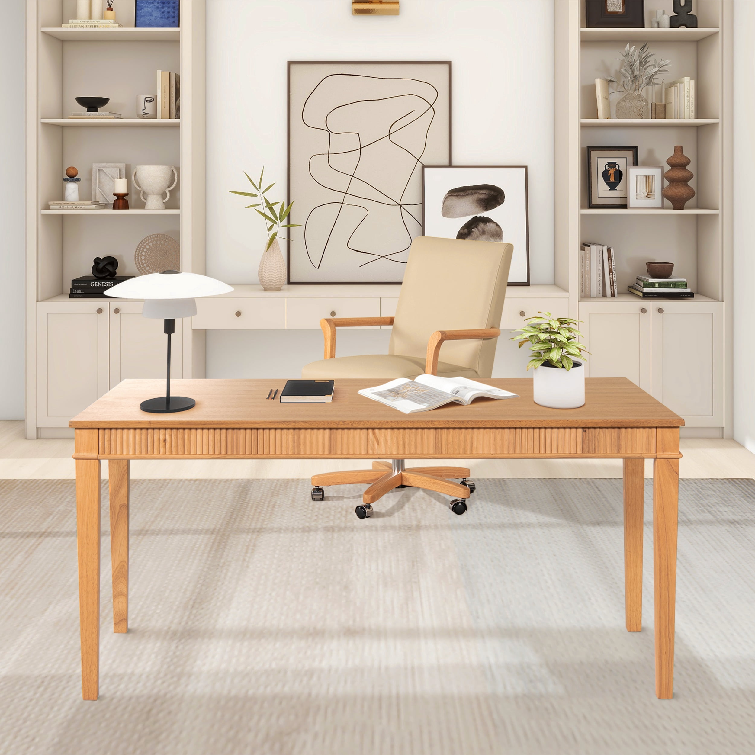 Dumont Modern Farmhouse 1-Drawer Fluted Home Office Writing Desk Natural Blonde