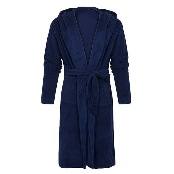Men Fleece Solid Casual Waist Tie Cardigan Pocket Long Sleeve Hooded Bathrobe