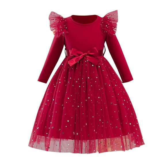 ZACPNCV Robes en Tulle pour Tout-Petites Filles avec Nœud Papillon Automne Hiver à Manches Longues Robe Décontractée de Fête Rouge 7-8 Ans
