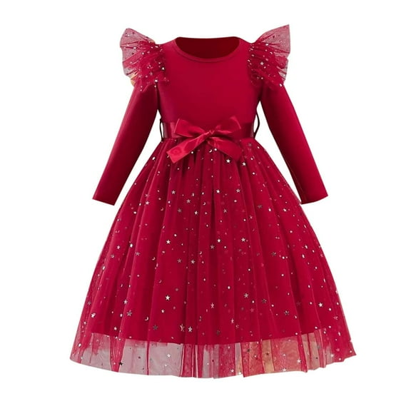 Favoffer Fall/Winter Girl's Sequin Mesh Dress Long-Sleeve Fly Sleeve Belted Princess Dress for Party, Daily, Kids 3-10Y