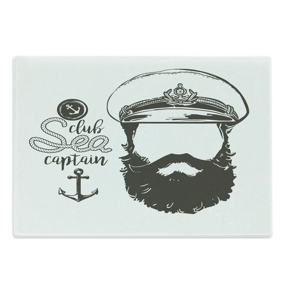 Anchor Cutting Board, Portrait of a Faceless Captain with Hat and Beard Seaman Character Illustration, Decorative Tempered Glass Cutting and Serving Board, Large Size, Brown White, by Ambesonne
