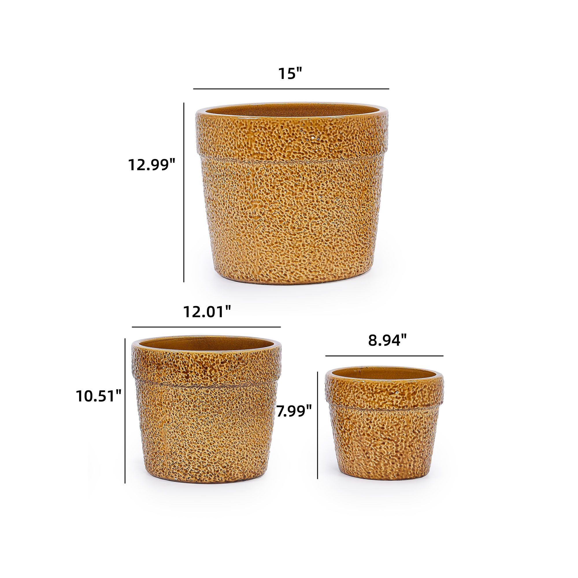 CQSXDA 3-Pack Antique Yellow Ceramic Planters, 15" 12" 9" Modern Indoor Outdoor Flower Pot w/Drainage