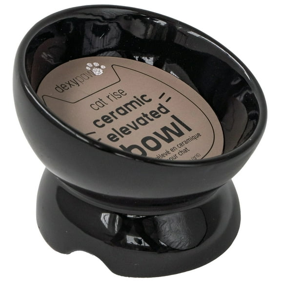 Dexypaws: Elevated Ceramic Cat Bowl - Black - 7oz, Pet Feeding Dish, Meals, Food & Water, Ergonomic Height, Tilted & Raised, Stylish Glossy Design