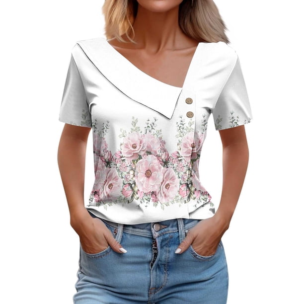 Camisetas de Manga Corta para las Mujeres Impresas Primavera Verano Botón de la Camiseta Casual, Camisetas de Mujer Casual