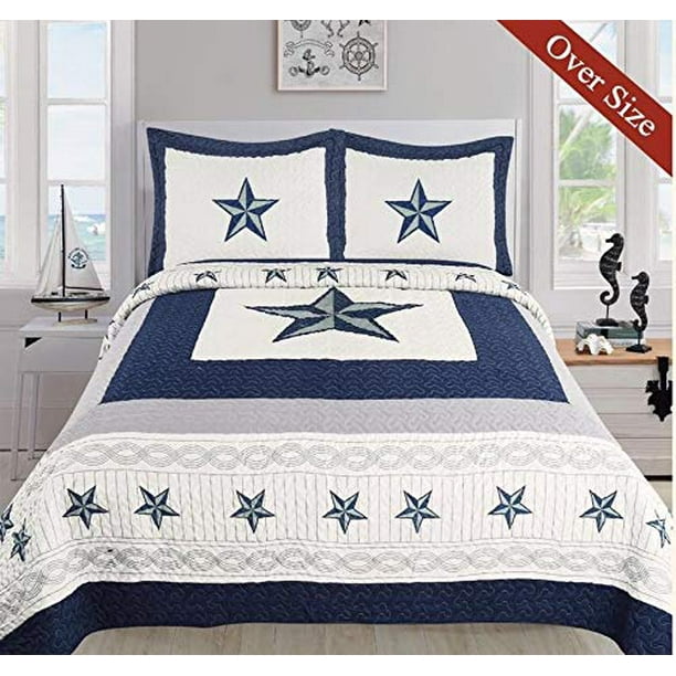 Linen Mart King Quilt 3 Piece Set Bedspread Coverlet Navy Blue White
