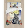 thumbnail image 3 of City Decor King Size Duvet Cover Set, Musical Notes Cat with the Keyboard on Rooftops in Night Sky Old Town Full Moon Art, Decorative 3 Piece Bedding Set with 2 Pillow Shams, Multi, by Ambesonne, 3 of 3