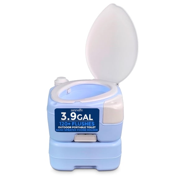 SereneLife 4 Gallon Portable Camping Toilet with Flush System, 3.2 Gallon Fresh Water Tank, Large Seat, Hand Sprayer, Funnel & Phone Holder for RV, Boat, Travel & Outdoor Use