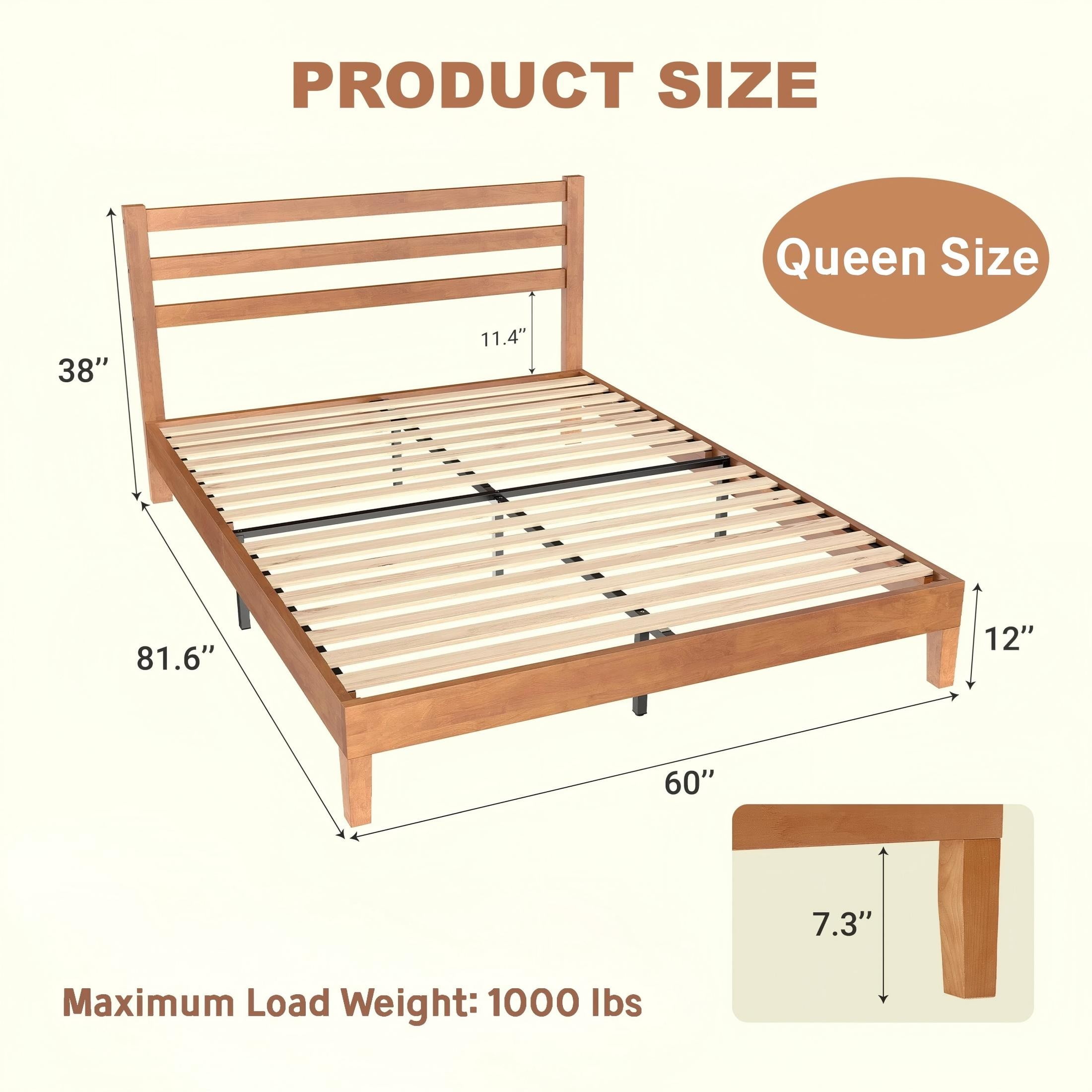 CONCETTA Wood Queen Size Bed Frame with Headboard, Walnut Finish, Sturdy Slat Support, Ideal for Bedroom and Guest Room