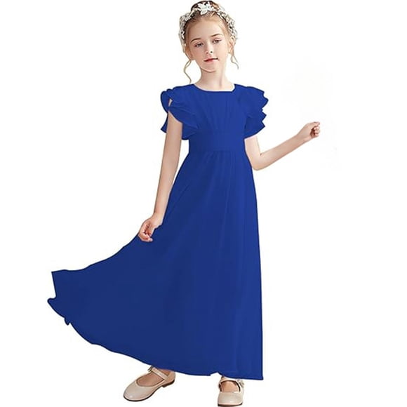 XIMIN Flower Girl Dresses A Line Junior Bridesmaid Dress Ruffle Short Sleeve Elegant formal Wedding Guest Party Prom Graduation Birthday First Communion Dress for Girls (Blue, 13-14 Years)