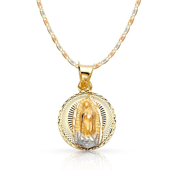 14K Tri Color Gold Diamond Cut Our Lady of Guadalupe Stamp Charm Pendant with 2.1mm Valentino Chain Necklace