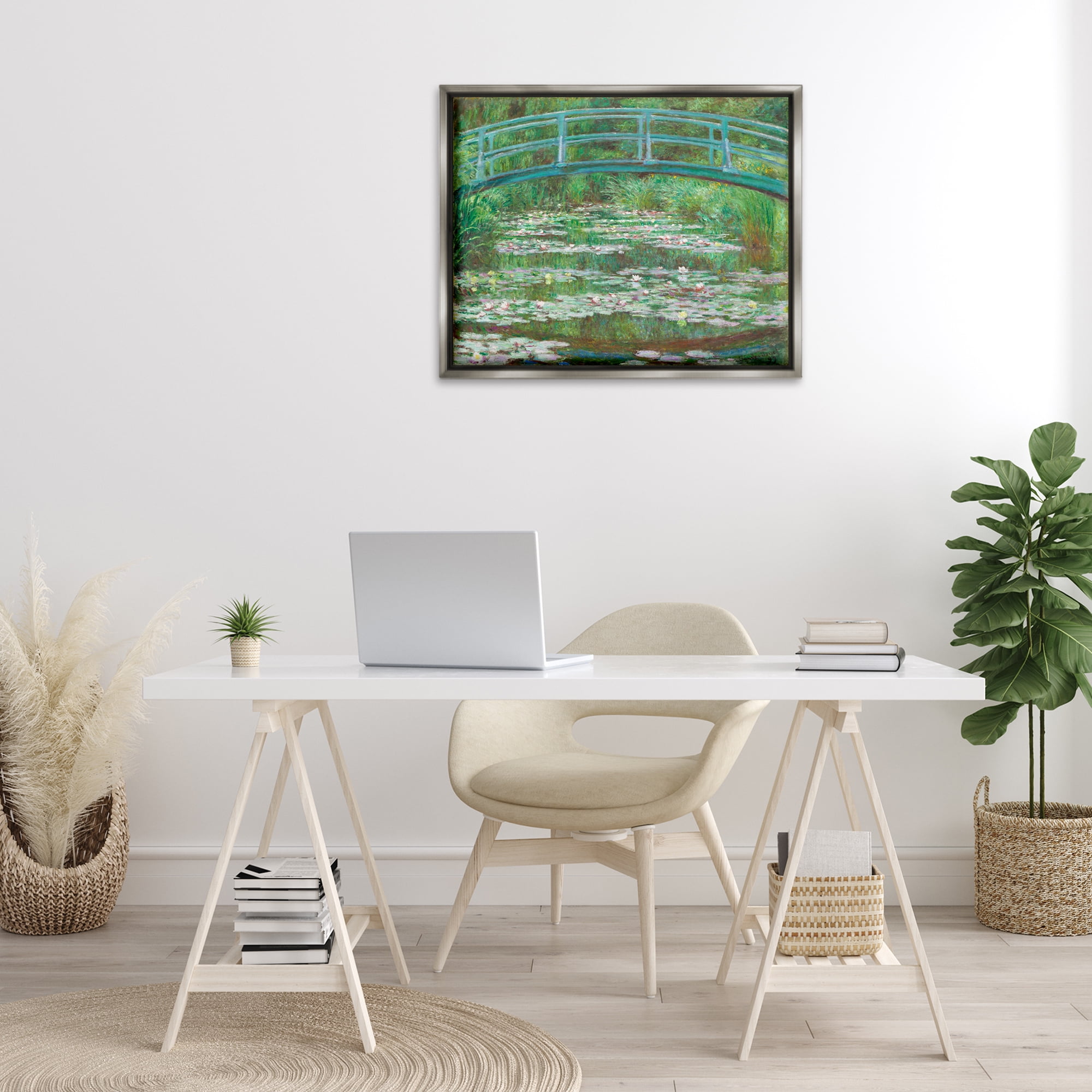 Stupell Industries Classic Monet Japanese Footbridge Landscape & Nature Painting Gray Floater Framed Canvas Art Print Wall Art, 31 x 25