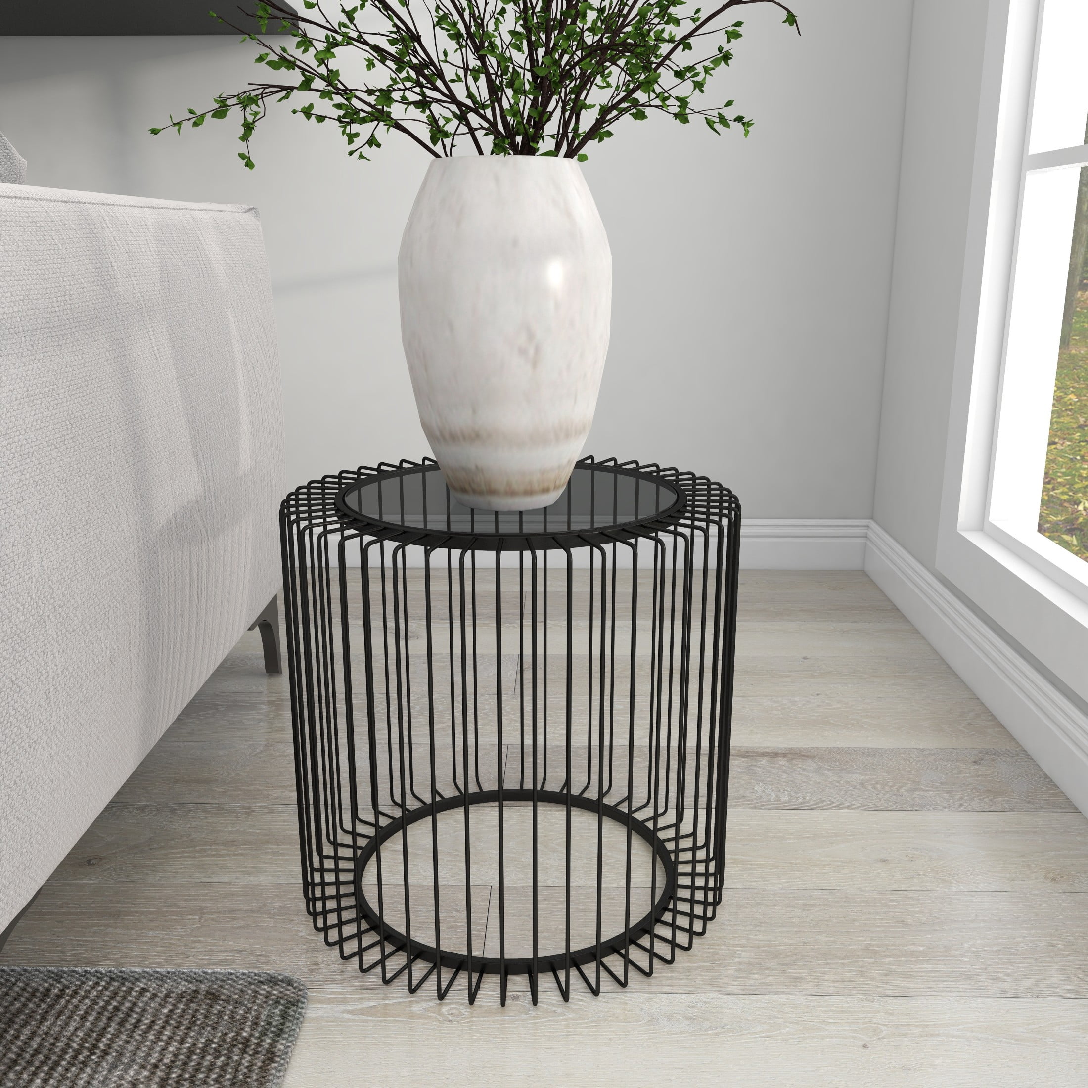 DecMode 20" x 19" Black Metal Open Wire Frame Accent Table with Shaded Glass Top, 1-Piece