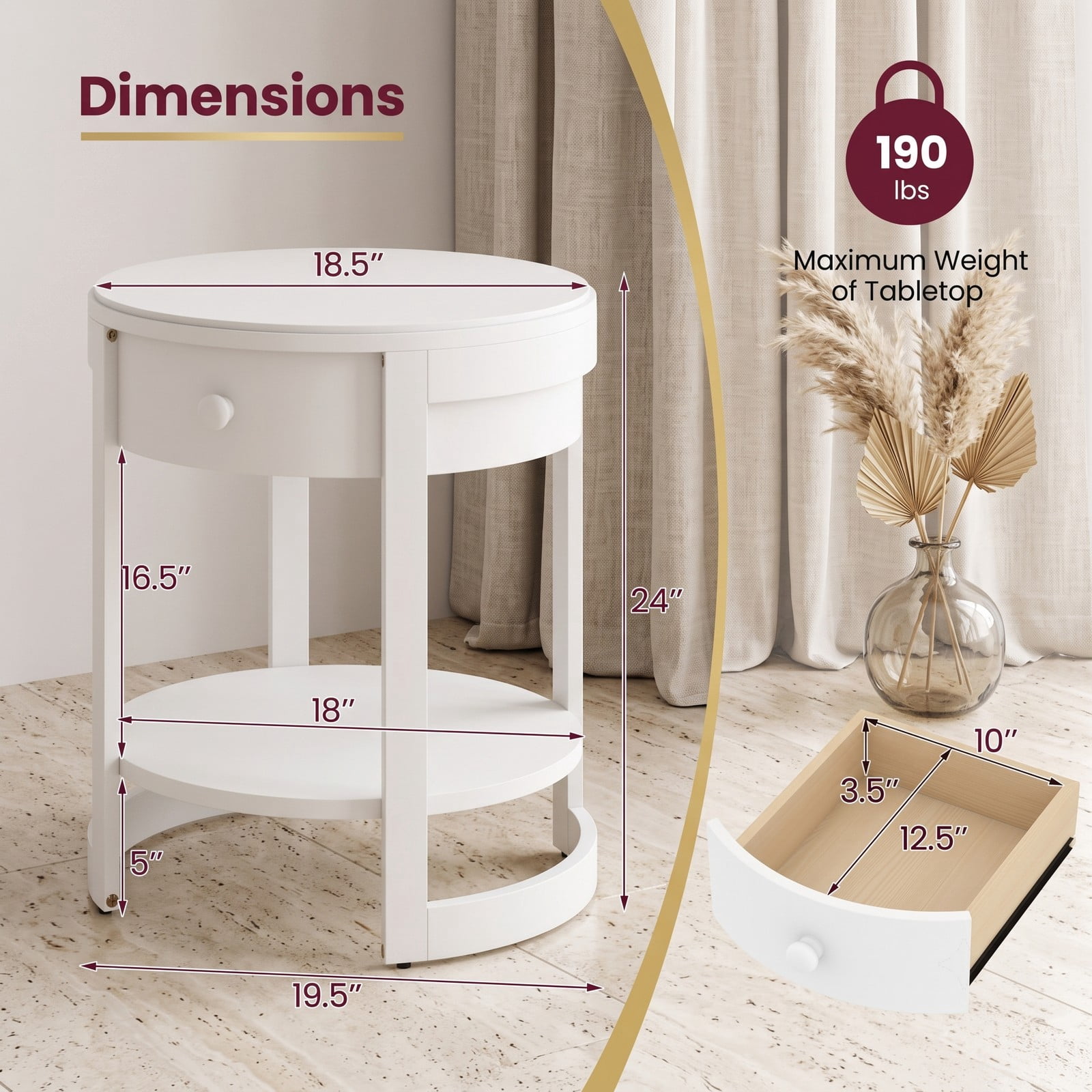 Furnibear 2-Tier Round End Table, Mid Century Modern Nightstand with Drawer and Storage Shelf, Wood Grain Side Table for Living Room Bedroom Sofa Couch, White