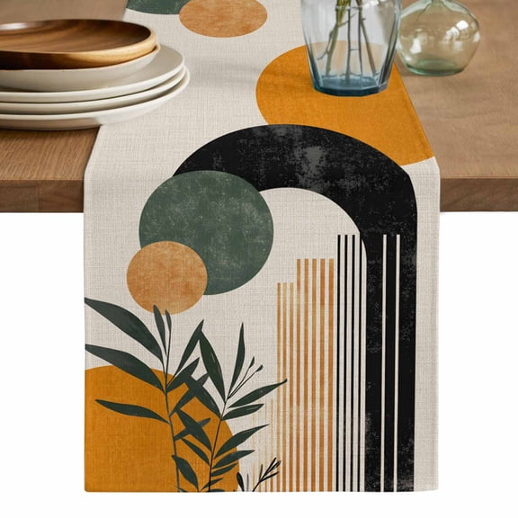 Boho Middle Century Table Runner, Abstract Orange Geometric Leaves Washable Cotton Linen Table Runners 120 Inches Long, Dresser Scarf Runner for Dining/Living Room/Kitchen/Square Tables 13''x120''