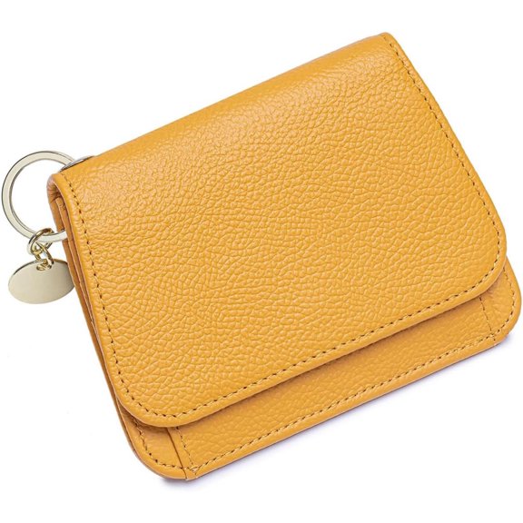 SCHLATUM Genuine Leather Rfid Blocking Card Holder with Keychain, Wallet with 6 Card Slots, ID Window, Zipper Coin Pocket, Yellow
