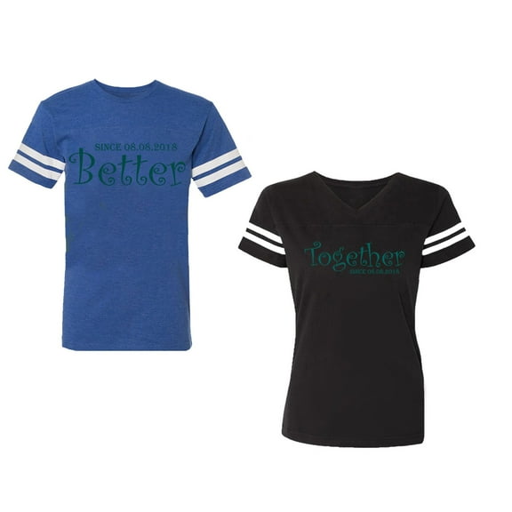 Better Together Unisex Couple Matching Cotton Jersey style T-Shirt Contrasting stripes on sleeves (Men Royal / Women Black) (Men S / Women S)