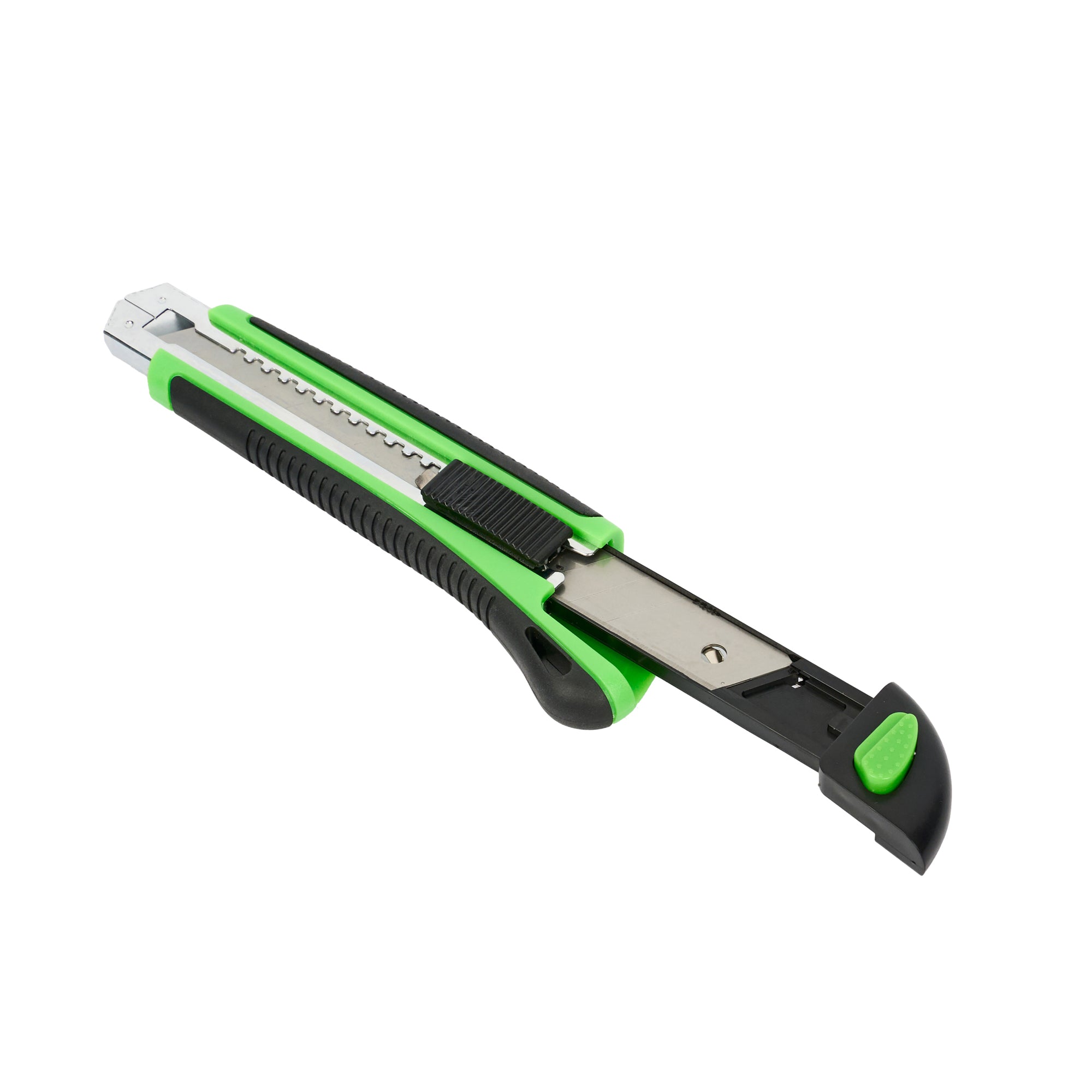 Restaurantware-Handy Tek 6.7 Inch Snap Off Blade Knives, 12 Retractable Box Cutters - Includes 36 Sharp Blades, 18mm Wide, Green Plastic Auto Loading Utility Knives, No-Slip Handle, Built-In Lock
