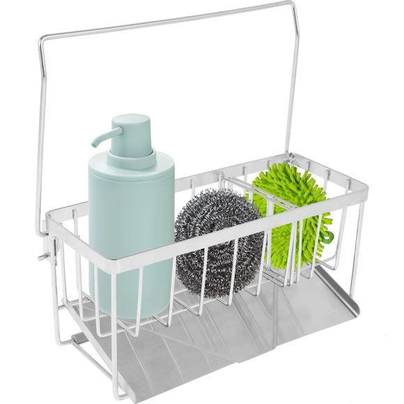 Qenwkxz Sink Caddy Organizer Stainless Steel Sponge Holder with Drain Tray Kitchen Sponge Sink Rack with Removable Rag Holder and Dividers Rustproof Sink Caddy Holder