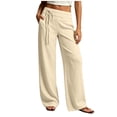 thumbnail image 2 of GILIGEGE Linen Pants for Women Elastic Drawstring Sweatpants Breathable Pants Solid Color Tummy Control Relaxed Fit Straight Leg Trousers Soft Pants Loose Palazzo Pants High Waisted Boho Pant Beige, 2 of 8