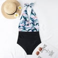 thumbnail image 2 of Traje de baño de una pieza para mujer Halter Plunge V cuello sin espalda estampado floral fruncido traje de baño para natación de verano hoja azul M, 2 of 6