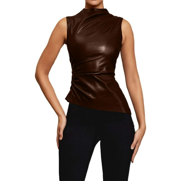 Women's Leather Peplum Waist Sleeveless Top - Asymmetrical Hem, Luxurious PU Material for Casual/Formal