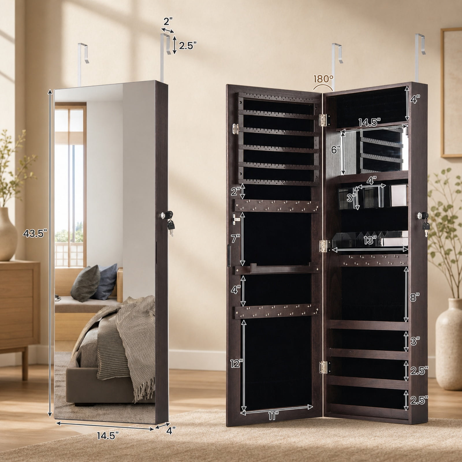 Furnibear 43.5 Inch Jewelry Mirror Cabinet with Full-length Mirror and Adjustable Hangers for Bedroom Dressing Room Jewelry Necklace, Dark Brown