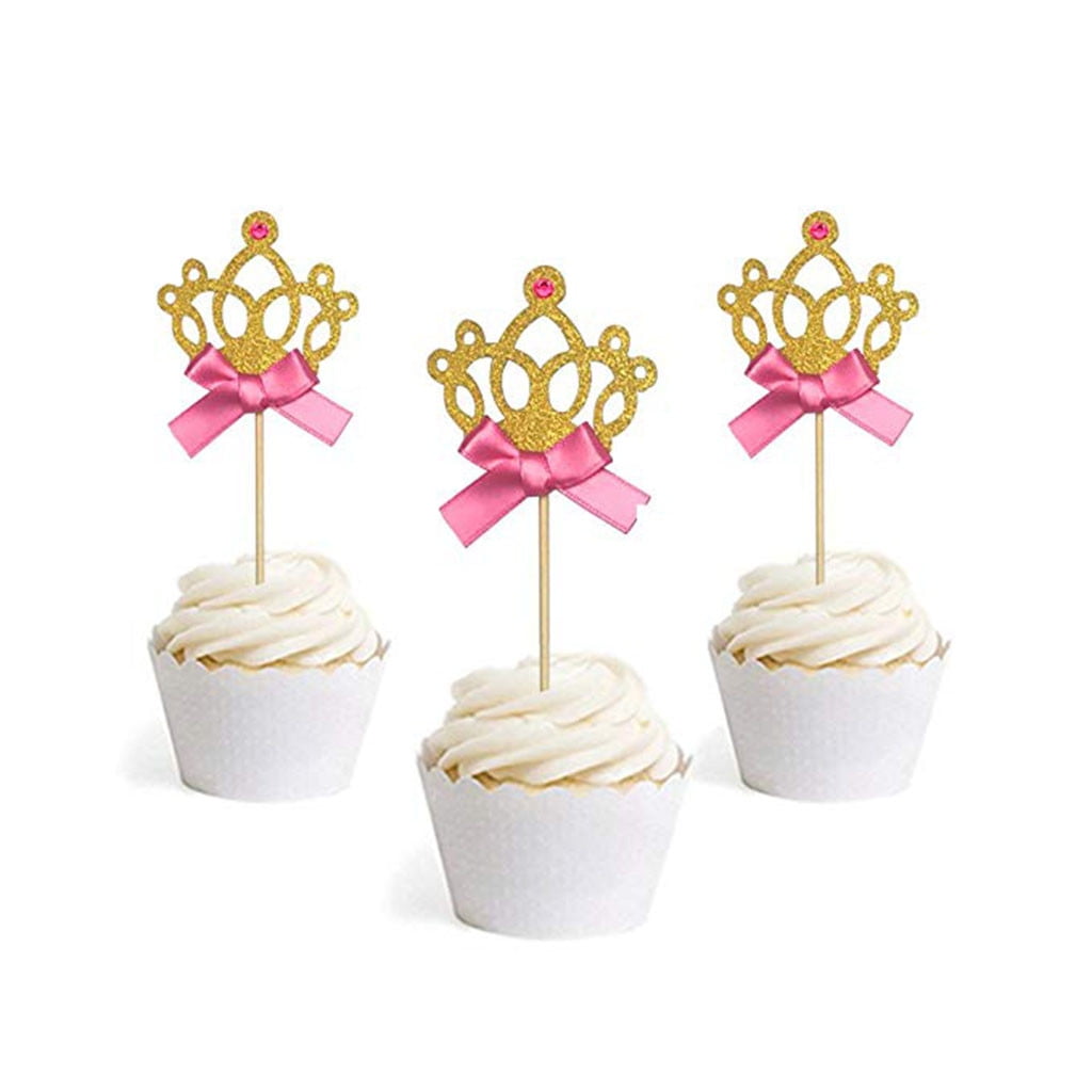 Ogquaton Premium Qualité Or Glitter Princesse Couronne Tiara Gâteau Cupcake Toppers Choix pour la Décoration de fête 24pcs 