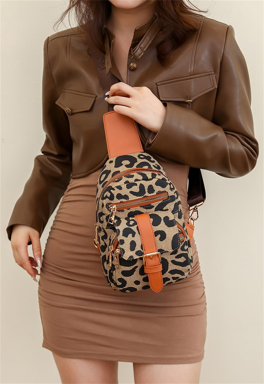Leopard Print Chest Bag for Women Cheetah Print Crossbody Sling Bag Purse Casual Multi Zipper Travel Hiking Daypack (Leopard-1)