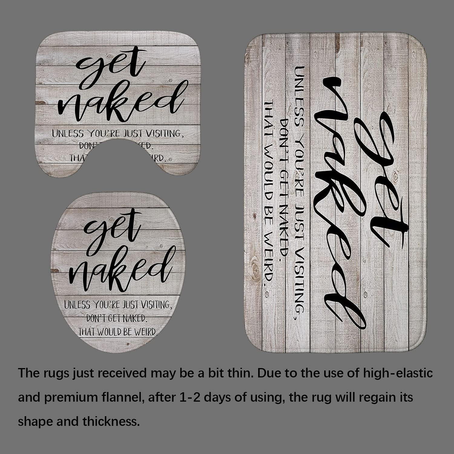 4PCS Get Naked Shower Curtain Set, Funny Quotes Black Letters Barnwood Country Rustic Farmhouse Bathroom Decor, Waterproof Fabric Shower Curtain, Non-Slip Bath Mat Toilet Rug, Don't Get Naked