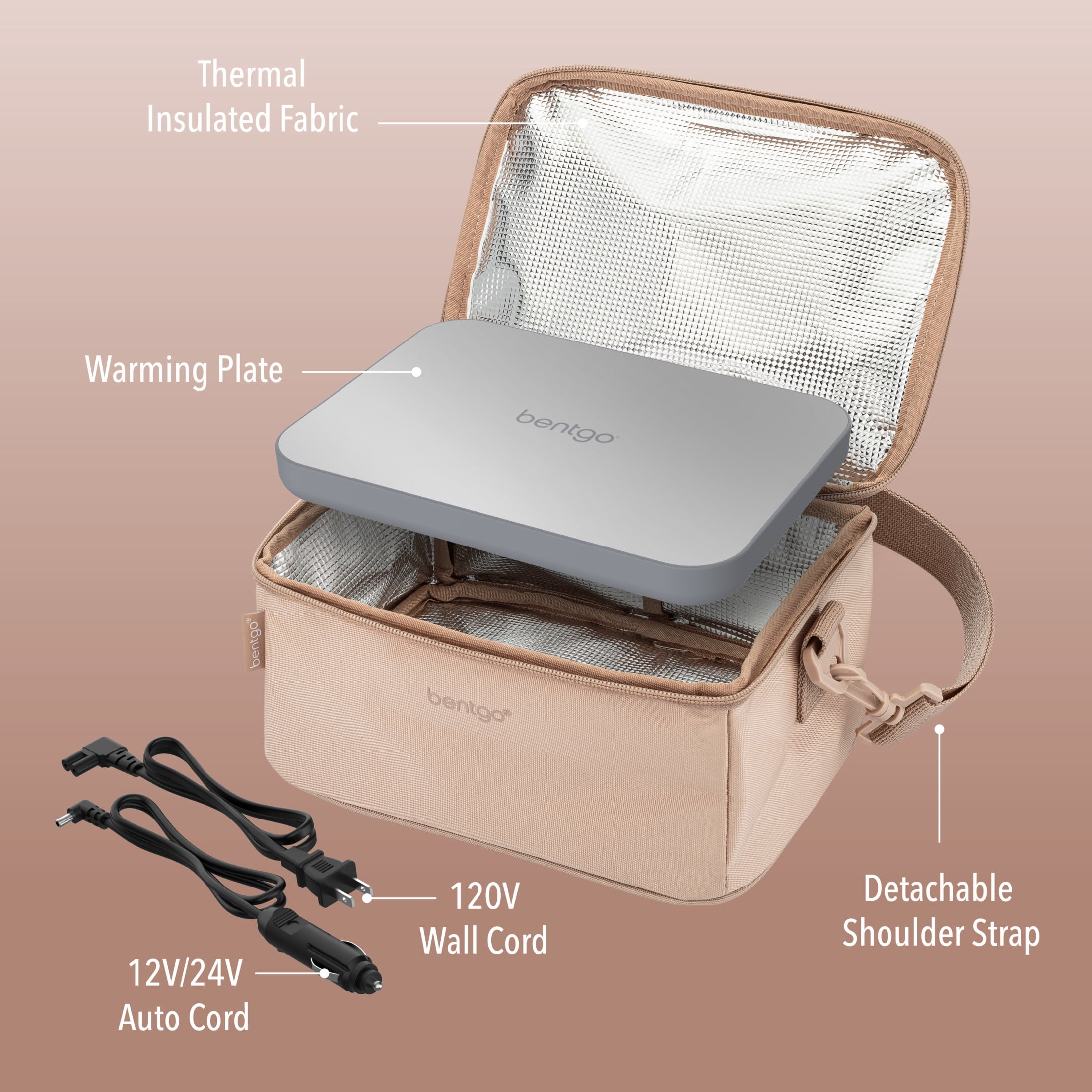 Bentgo Heat - Electric Lunch Bag & Food Warmer for Reheating Meals in Car, at Work & More - Heated Lunch Box Warmer for Adults, Students & Shift Workers, 12V/24V Auto & 120V Wall Cords (Sand)