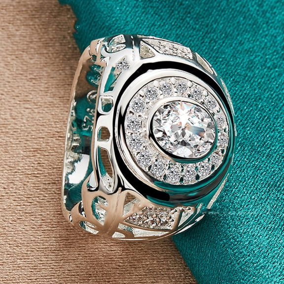 Round Zircon Ring For Women Silver Geometric Design Sizes 7 8 9 10 Classic Sleek Accessory Brushed Silver Tone