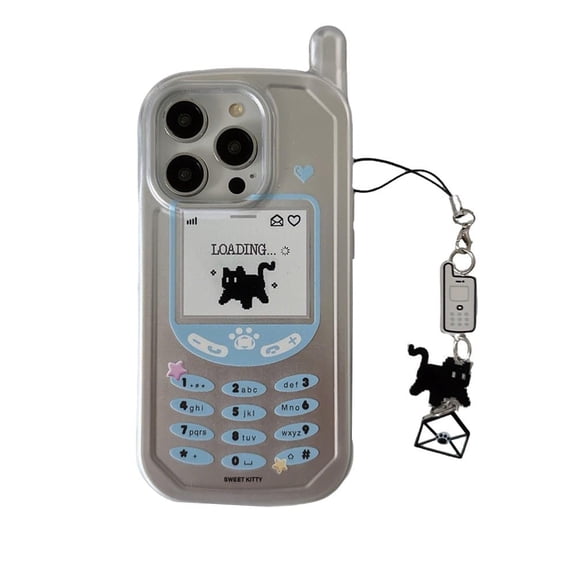 3D Mobile Phone Shape Case for iPhone Cute Retro Classic Creative Telephone Case with Cat Kitty Phone Charm Shockproof Protective Cover for Women Girls (for iPhone 14)