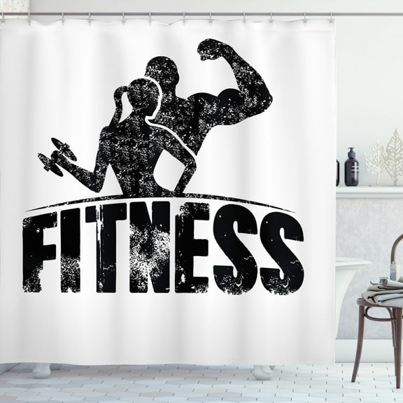 Ambesonne Fitness Shower Curtain, Grunge Strong Man Woman, 69"Wx70"L, Black and White