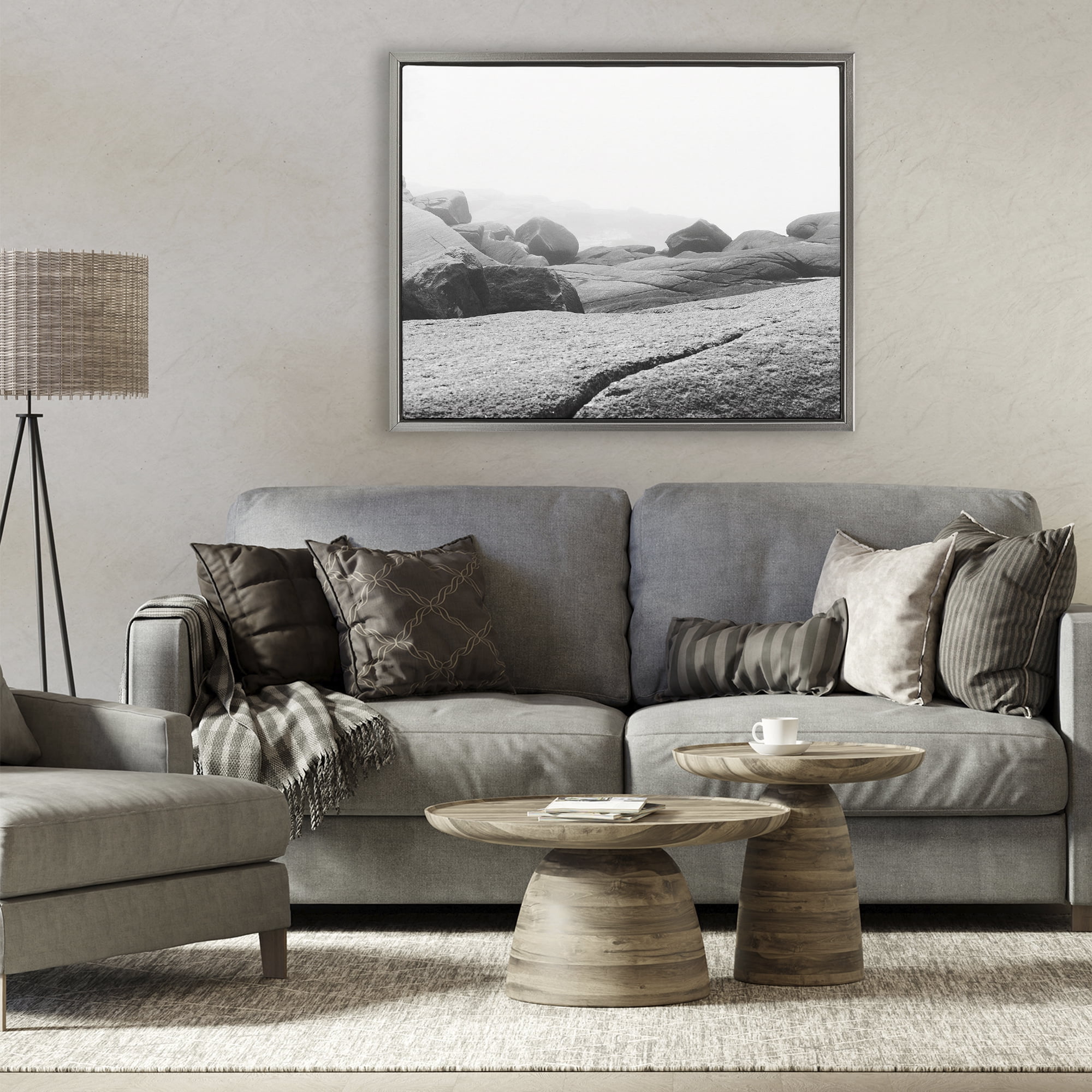 Rocks at Peggy's Cove Gray Framed Floater Canvas Wall Art, design by Clive Branson