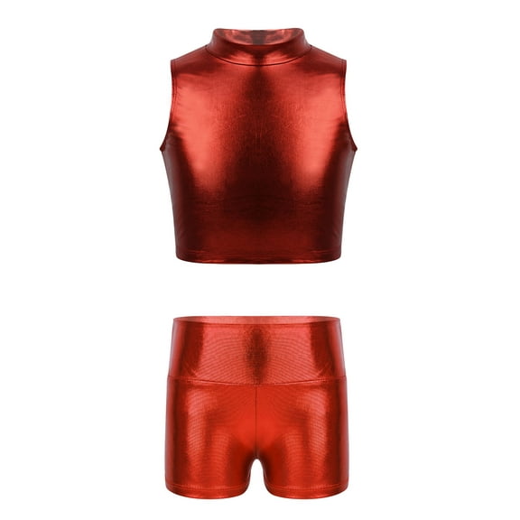 Jizyo Kids Girls 2Pcs Shiny Metallic Crop Tank Top with Booty Shorts Ballet Dance Jazz Hip Hop Red 6