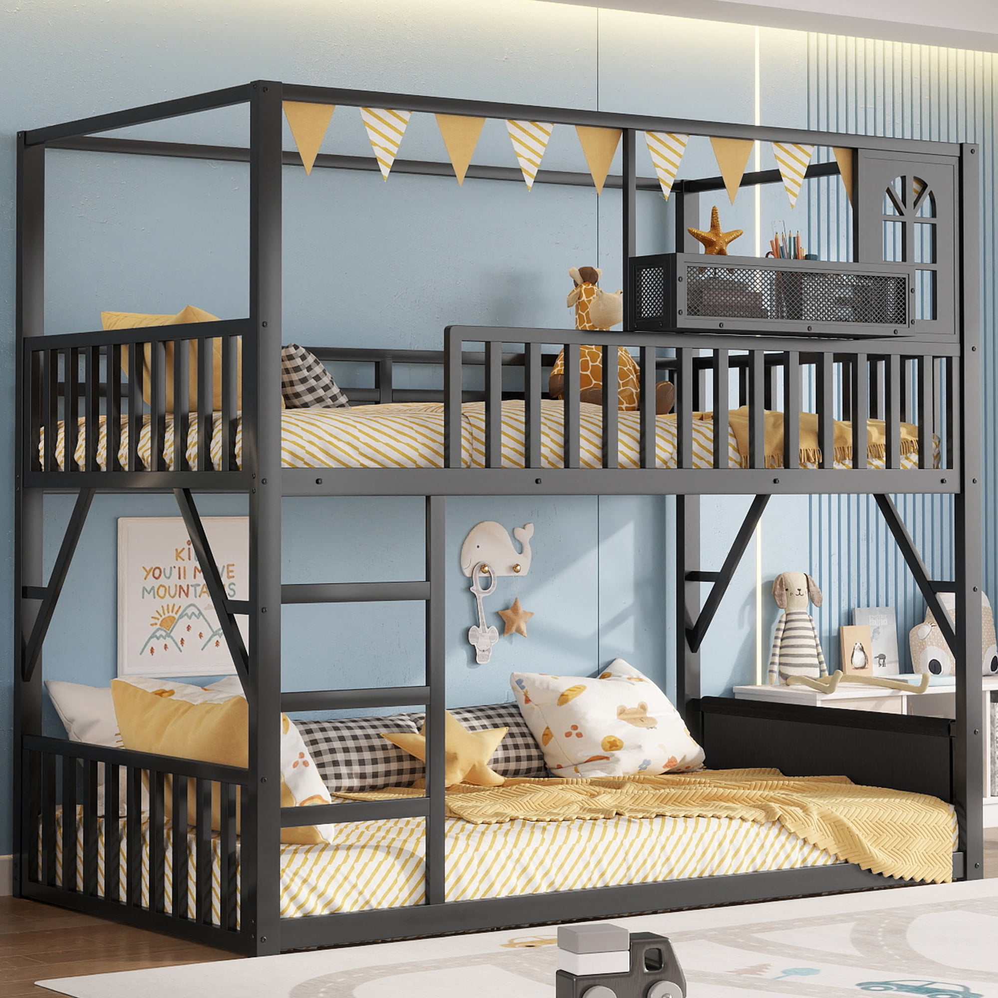 HOQBN Floor Bunk Bed Twin Over Twin,Metal Low Bunk Bed Frame with Storage Shelves and Storage Bag,Black
