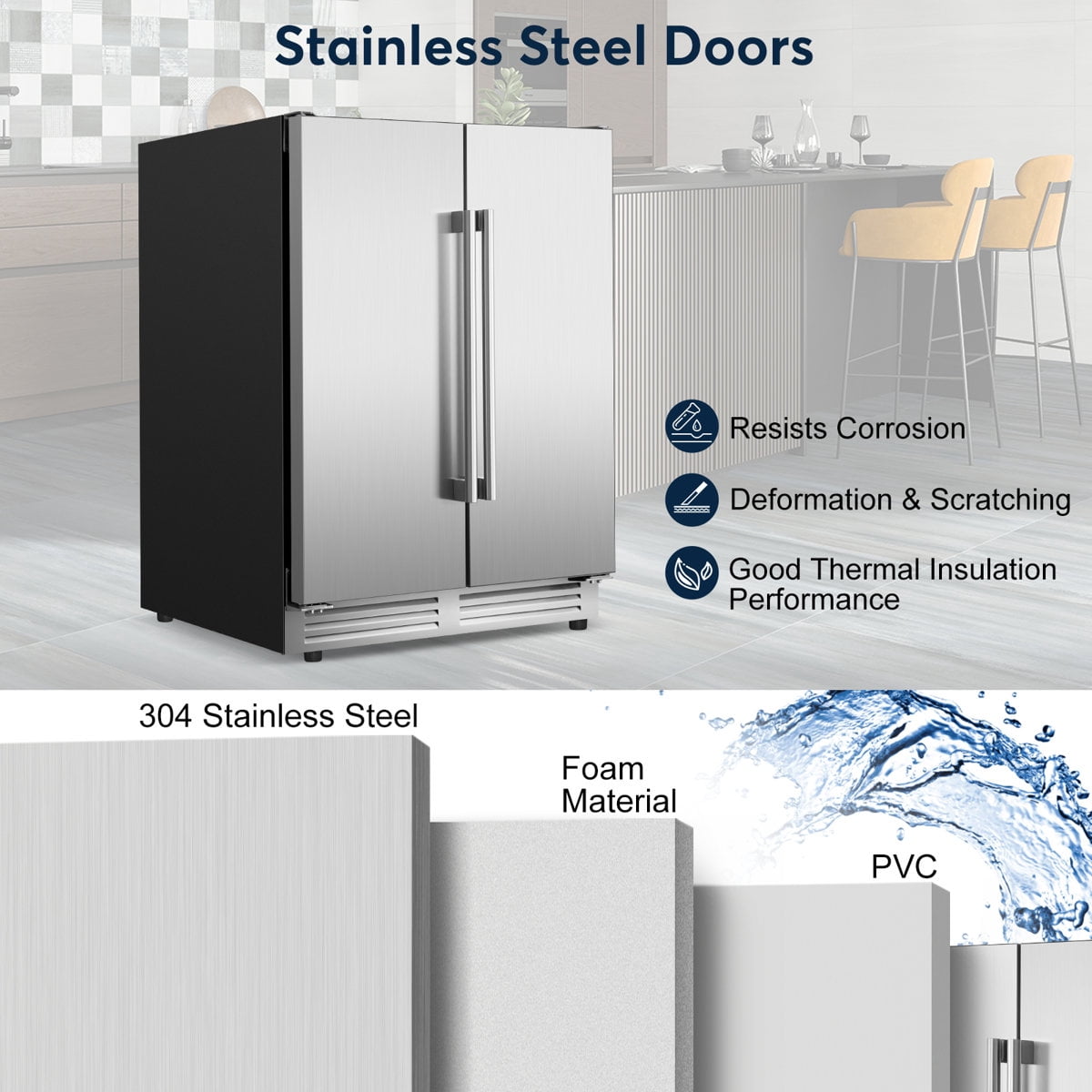 24" Silver Beverage Refrigerator with French Doors 150-Can Capacity, Built-in or Freestanding Beer and Drink Cooler