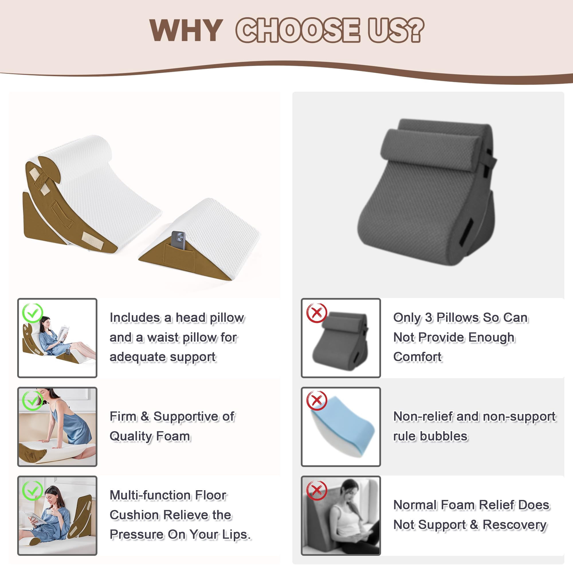 4pcs Orthopedic Bed Wedge Pillow Set For Sleeping  Post Surgery Foam Body Back And Leg Pain Relief Triangle Adjustable Support - Acid Reflux Pillows Brown