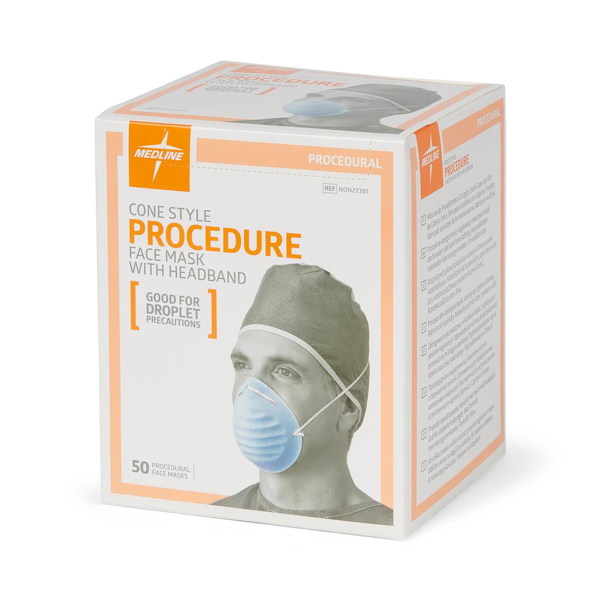 Medline ConeStyle Face Mask with Band, Blue, 50 Count