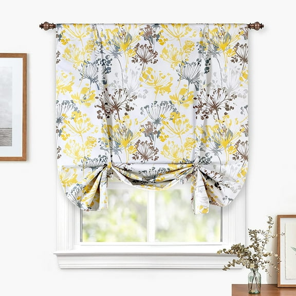 DriftAway Acacia Floral Blossom Watercolor Printed 100 Percent Blackout Tie Up Adjustable Balloon Rod Pocket Curtain for Small Window 45"Wx63"L Yellow