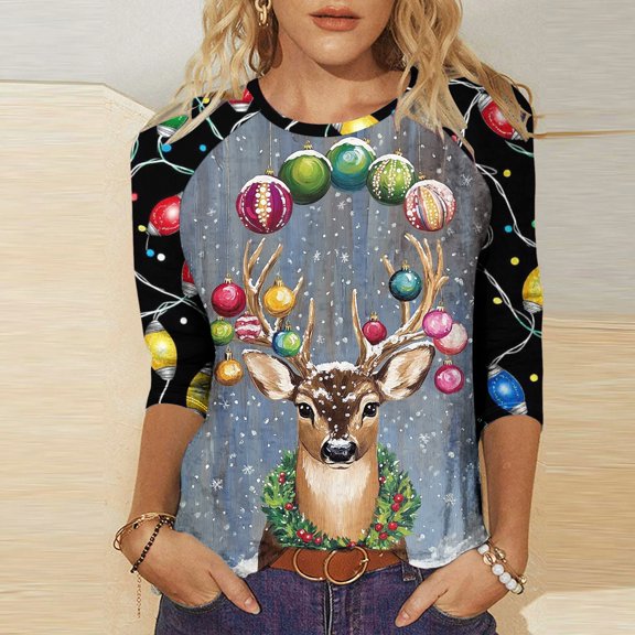 LEKWK Sparkly Christmas Tops for Women Xmas Raglan Crew Neck 3/4 Sleeve Tshirts Xmas Shirts for Women Funny Christmas Flannel Shirt Women