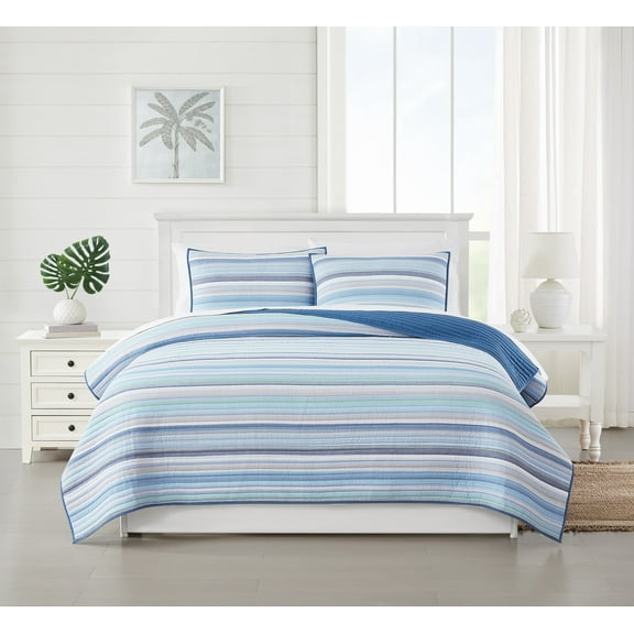 Oceanfront Resort Clearwater Yarn Dye Stripe 3 Piece Full/Queen Quilt Set, Coastal and Nautical Themed, Oeko-TEX Certified Confidence