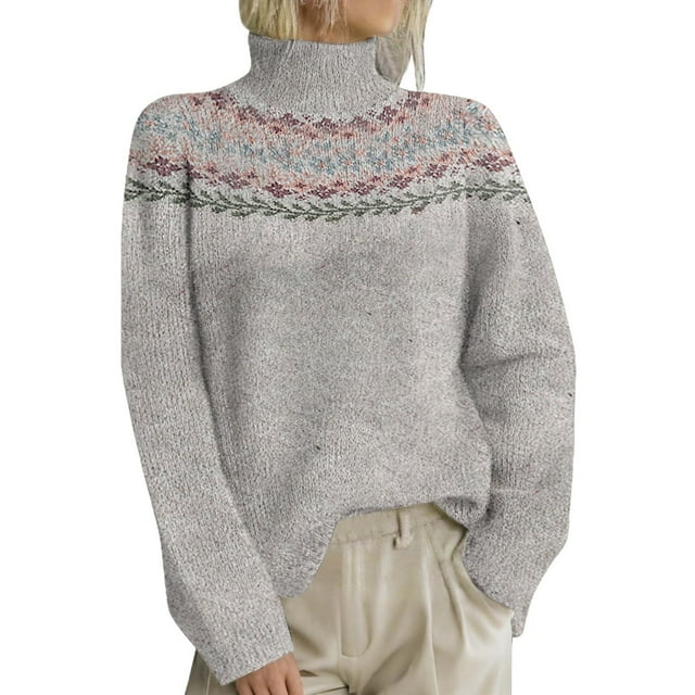 Breezora Chandail à Col Roulé Contemporain pour Femmes, Design à Imprimé Rétro, Manches Longues, Tricoté, Coupe Ample, Confort, Mode d'Automne, Taille g, Gris