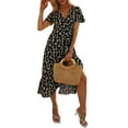 thumbnail image 4 of hirigin Summer Floral Pattern Long Dresses for Women, Short Sleeve V-Neck Tie-Up Midi Dress, Female Casual One-Piece, 4 of 7