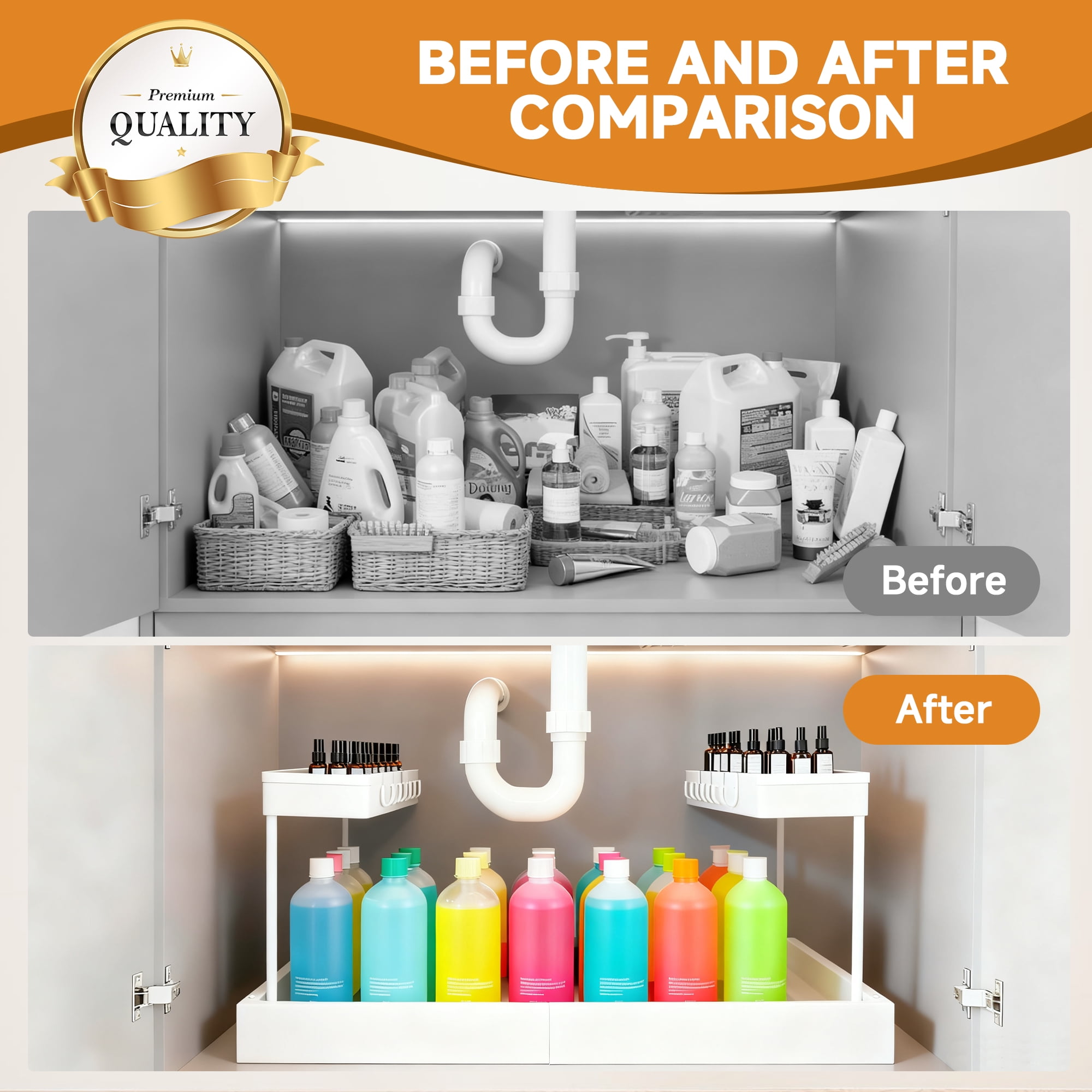 Expandable Under Sink Organizers Storage With Upgrade Ball-Bearing Slide Tracks,2-Tier Pull Out Under Cabinet Organizer Height Adjustable （White）