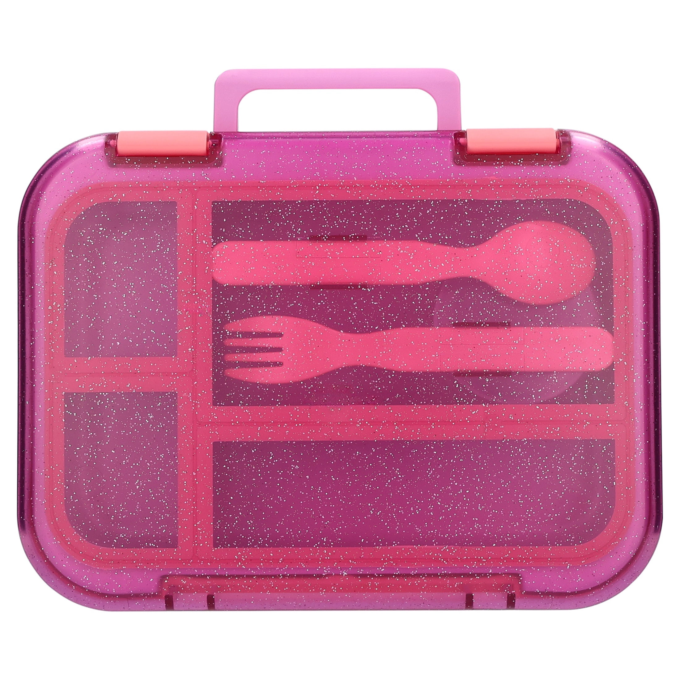 Mainstays Kids 4-Compartment Plastic Bento Box with Removable Tray, Fork, Spoon, and Dressing Container, Pink Glitter
