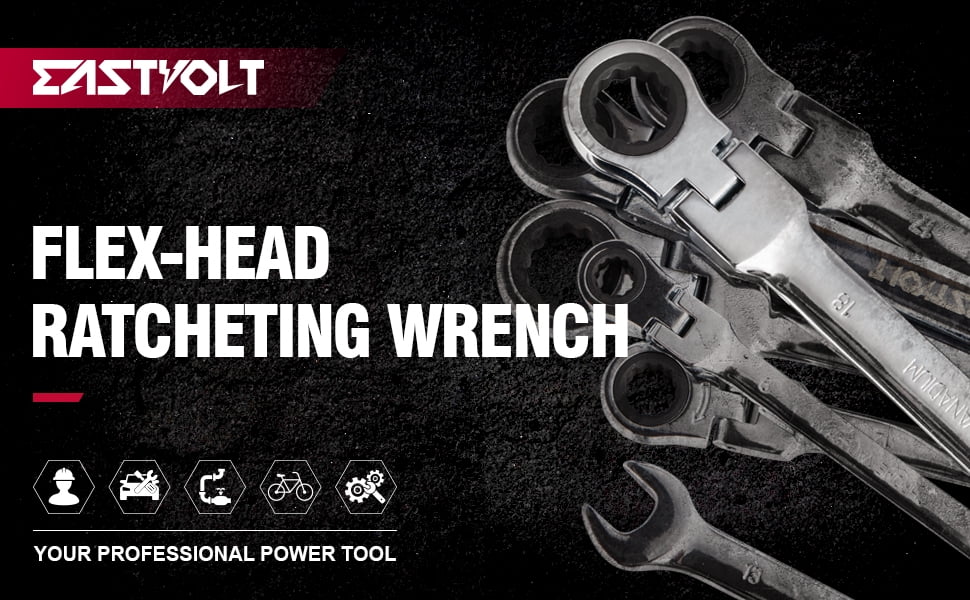 Eastvolt 12-Piece Flex-Head Ratcheting Wrench Set, Metric 8mm-19mm,  Combination Ended Spanner kits, Chrome Vanadium Steel with Toolbox